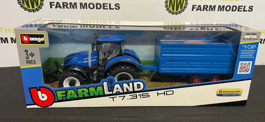 BBURAGO 1:32 SCALE 44067A NEW HOLLAND TRACTOR WITH TRAILER AND BALES