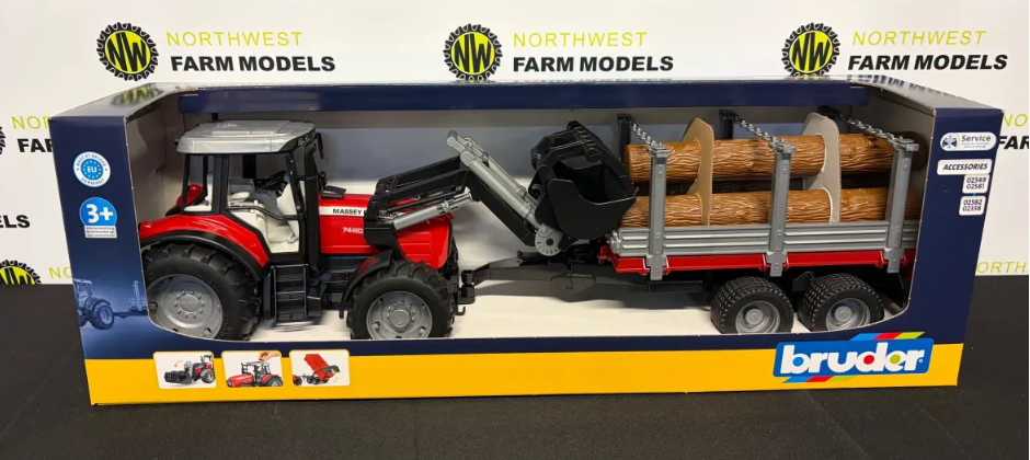 BRUDER 02318 1:16 SCALE MASSEY FERGUSON 7480 WITH FRONT LOADER AND LOG TRAILER