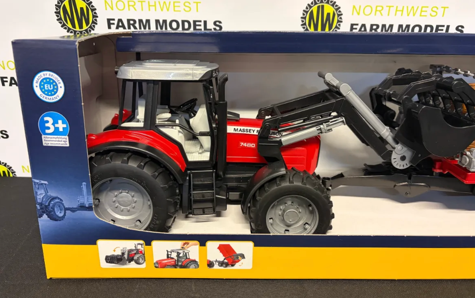 BRUDER 02318 1:16 SCALE MASSEY FERGUSON 7480 WITH FRONT LOADER AND LOG TRAILER