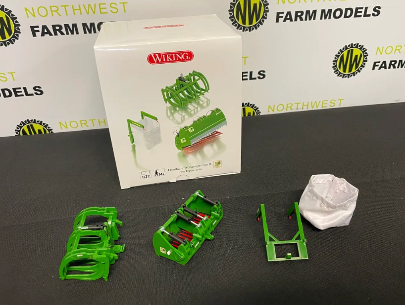 WIKING 1:32 SCALE BRESSEL AND LADE FRONT LOADER ATTACHMENTS (MUCK GRAB, SILAGE GRAB, BAG LIFTER) JOHN DEERE COLOURS