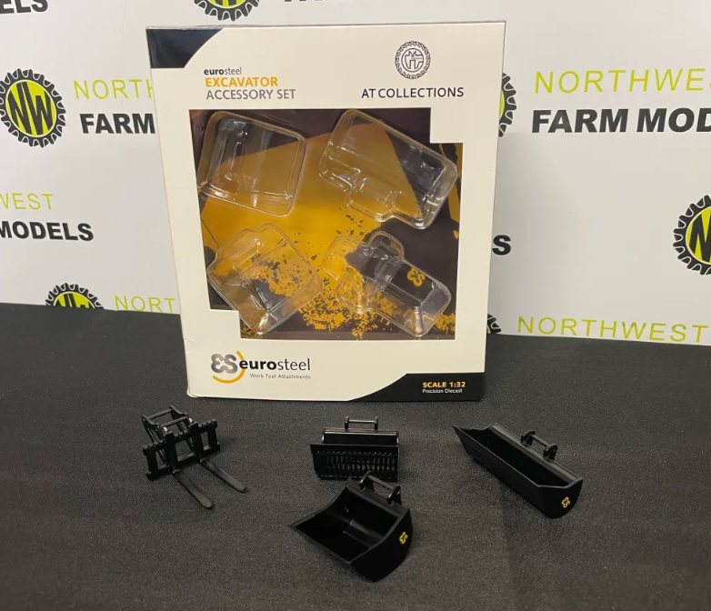 AT COLLECTIONS 3200104 1:32 SCALE EUROSTEEL BUCKETS AND PALLETS FORKS EXCAVATOR ACCESSORY SET