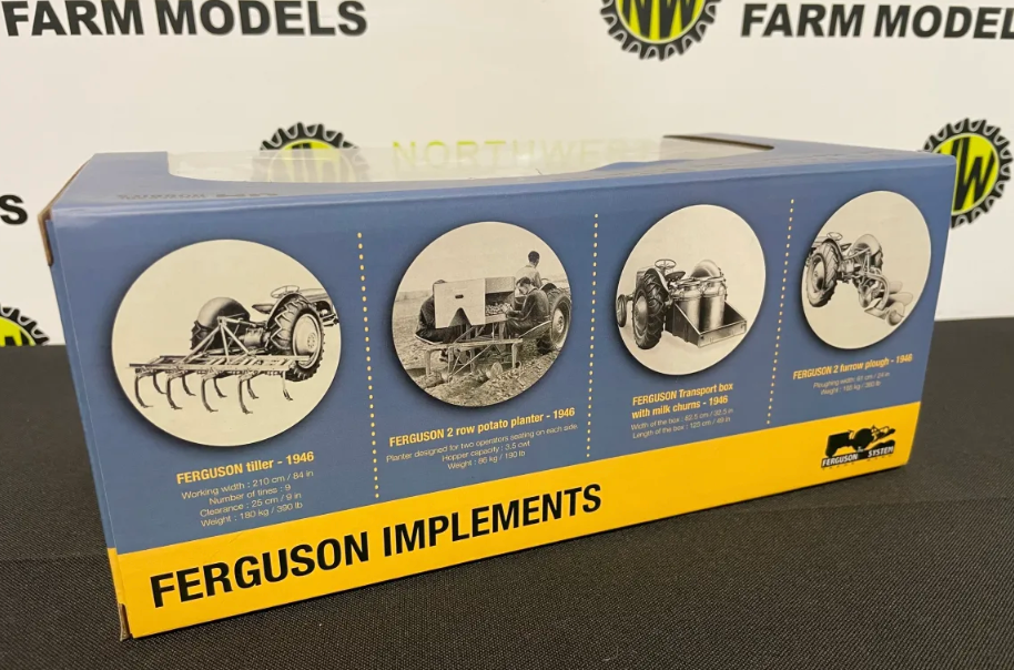 UNIVERSAL HOBBIES 6247 1:32 SCALE FERGUSON IMPLEMENT SET (CULTIVATOR, POTATO PLANTER, TRANSPORT BOX AND PLOUGH)