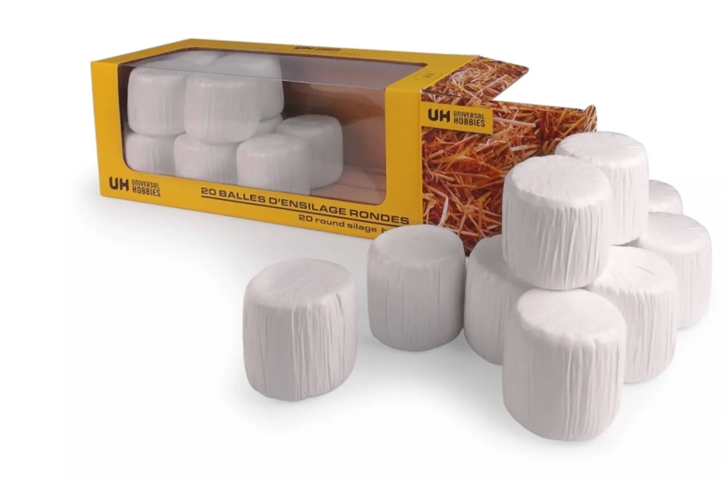 UNIVERSAL HOBBIES 7232 1:32 SCALE 20 ROUND BALE SILAGE WHITE WRAP